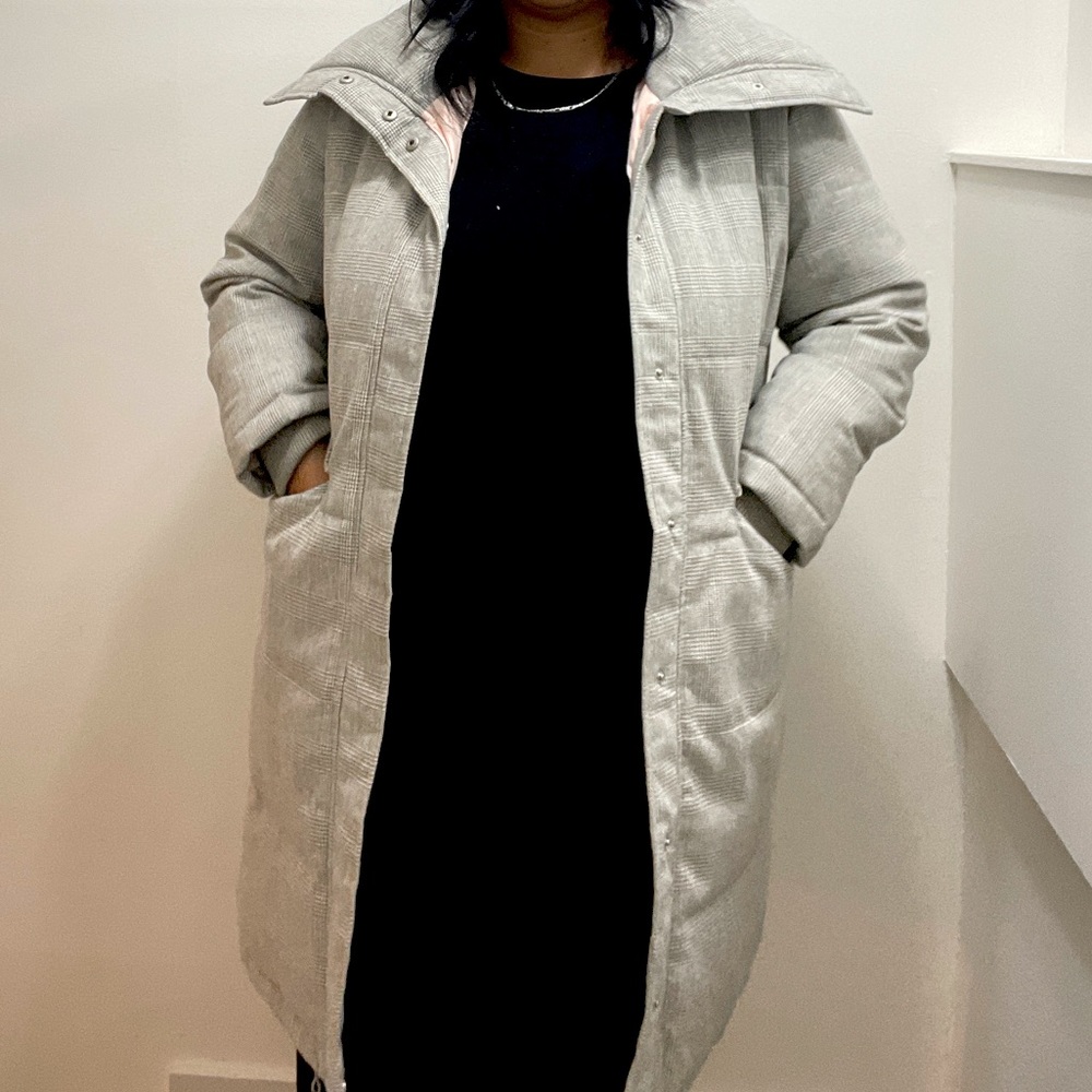 Calf Length Snap Closure Grey Plaid Coat
